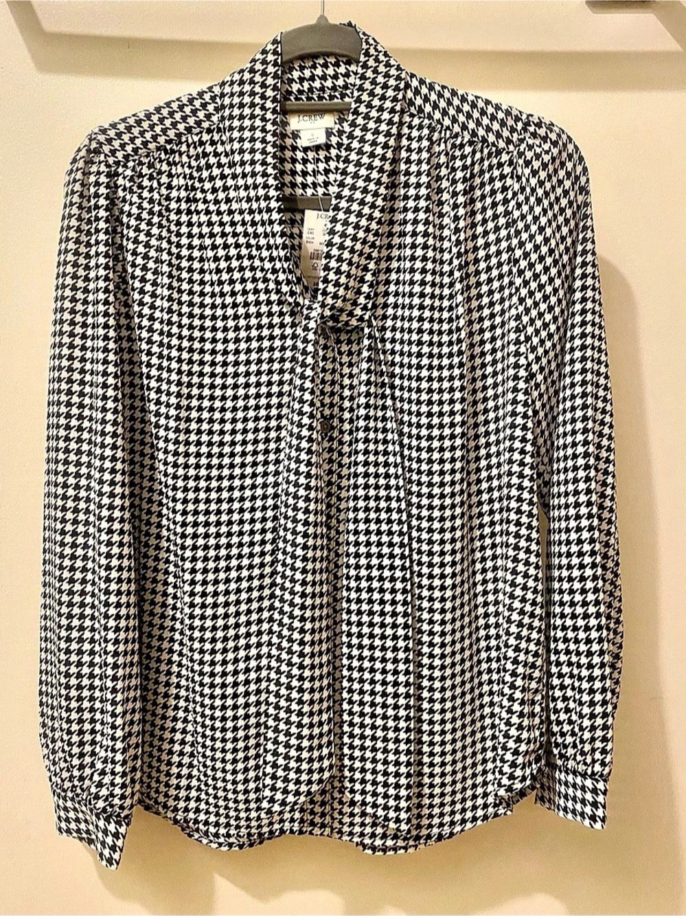 J.Crew Long-sleeve bow top in traditional houndstooth print Houndstooth Button